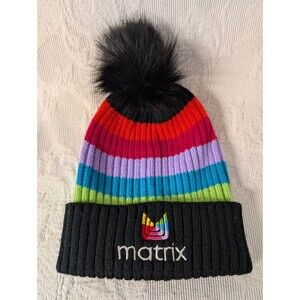 Matrix Hair Neon Rainbow Striped Acrylic One Size Beanie Toboggan Faux Fur Puff